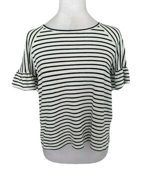 NEW Max Studio XS Deep Navy White Striped Ruffle Sleeve Tee Coastal Nautical
